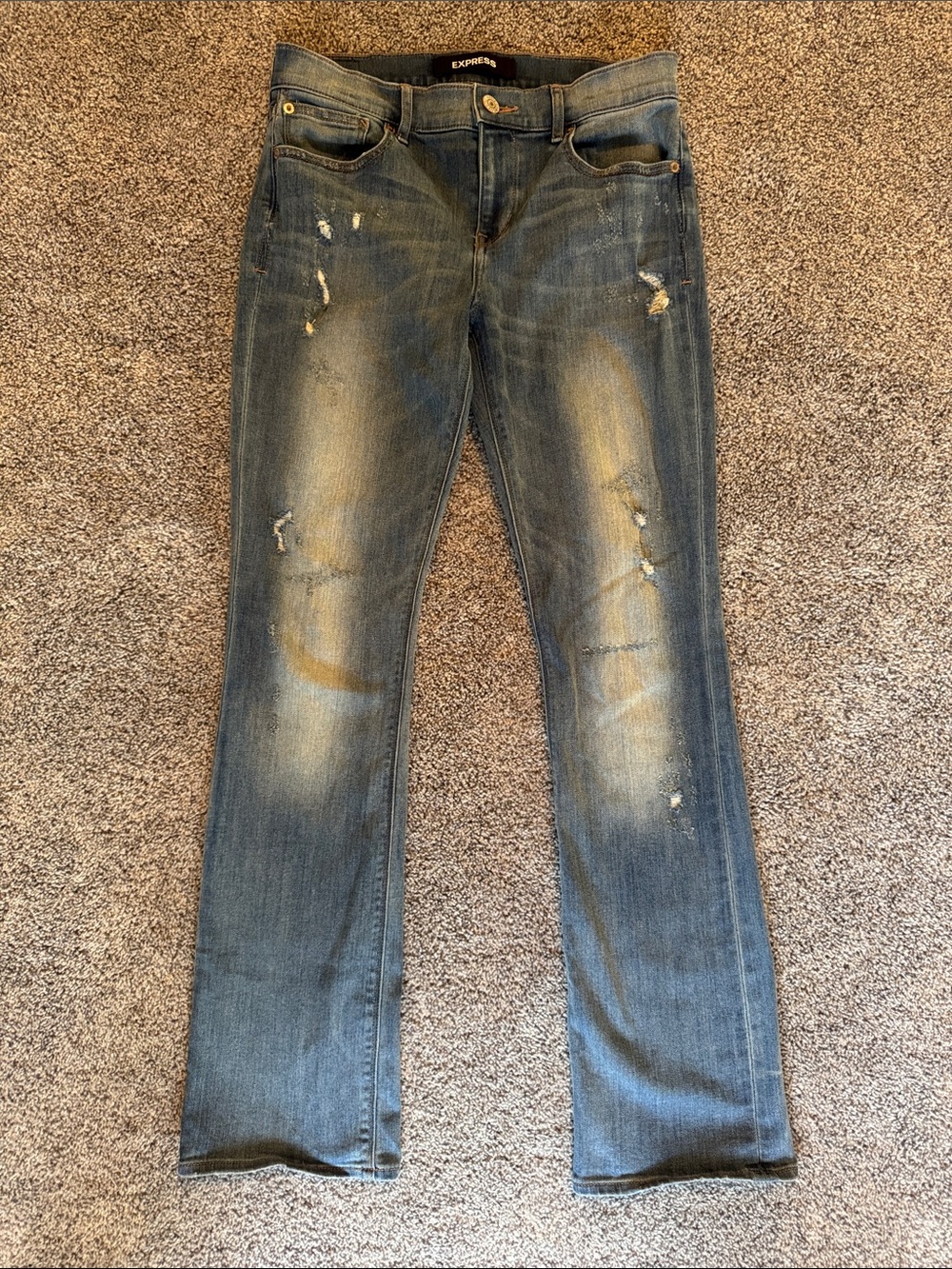 Express Women’s Barely Boot Mid Rise 8R Distressed Blue Jeans